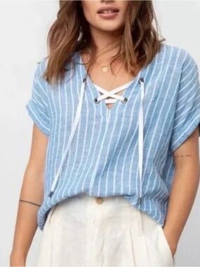Rails Jeri Lace-Up Shirt Blue & White Stripe Short Sleeve Linen Blend coastal S